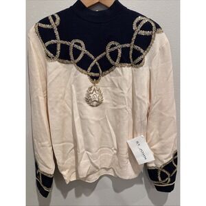 NWT St John Evening Sweater Navy Cream Gold Embellish Medium